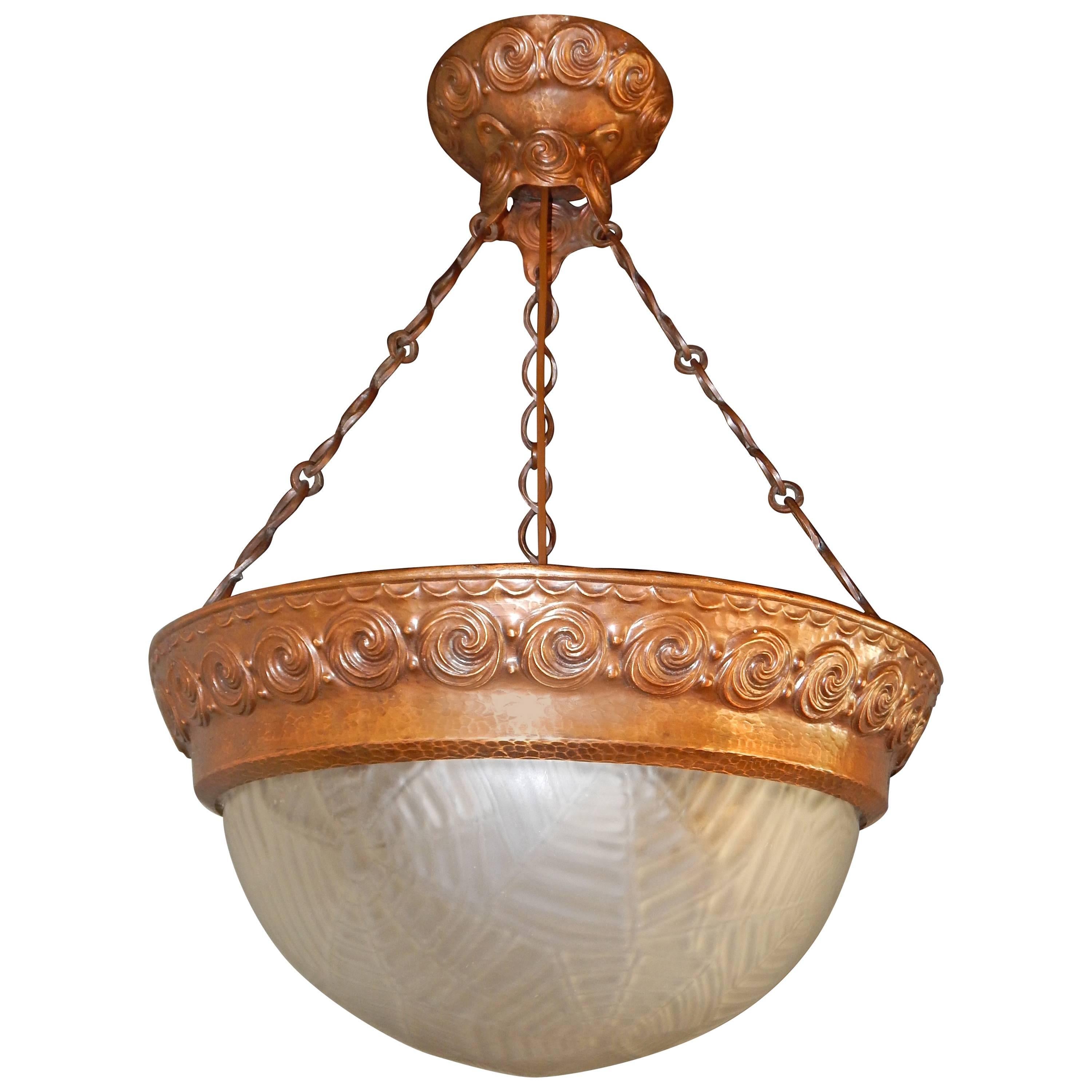 Swedish Arts and Crafts Hand Hammered Copper Hanging Fixture, circa 1910