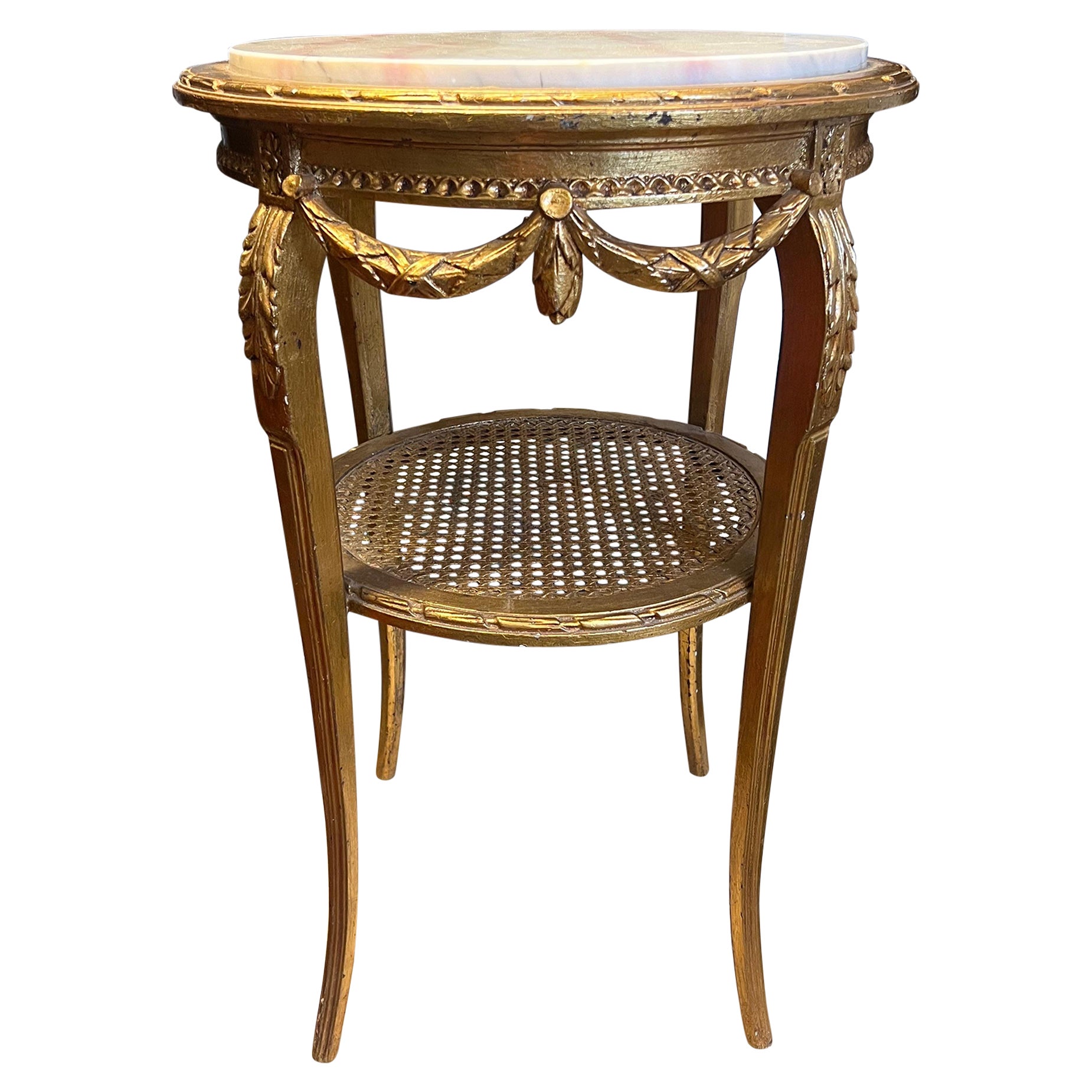 19th Century French Gilt Wood Hand Carved Round Side Table in Louis XVI Style 