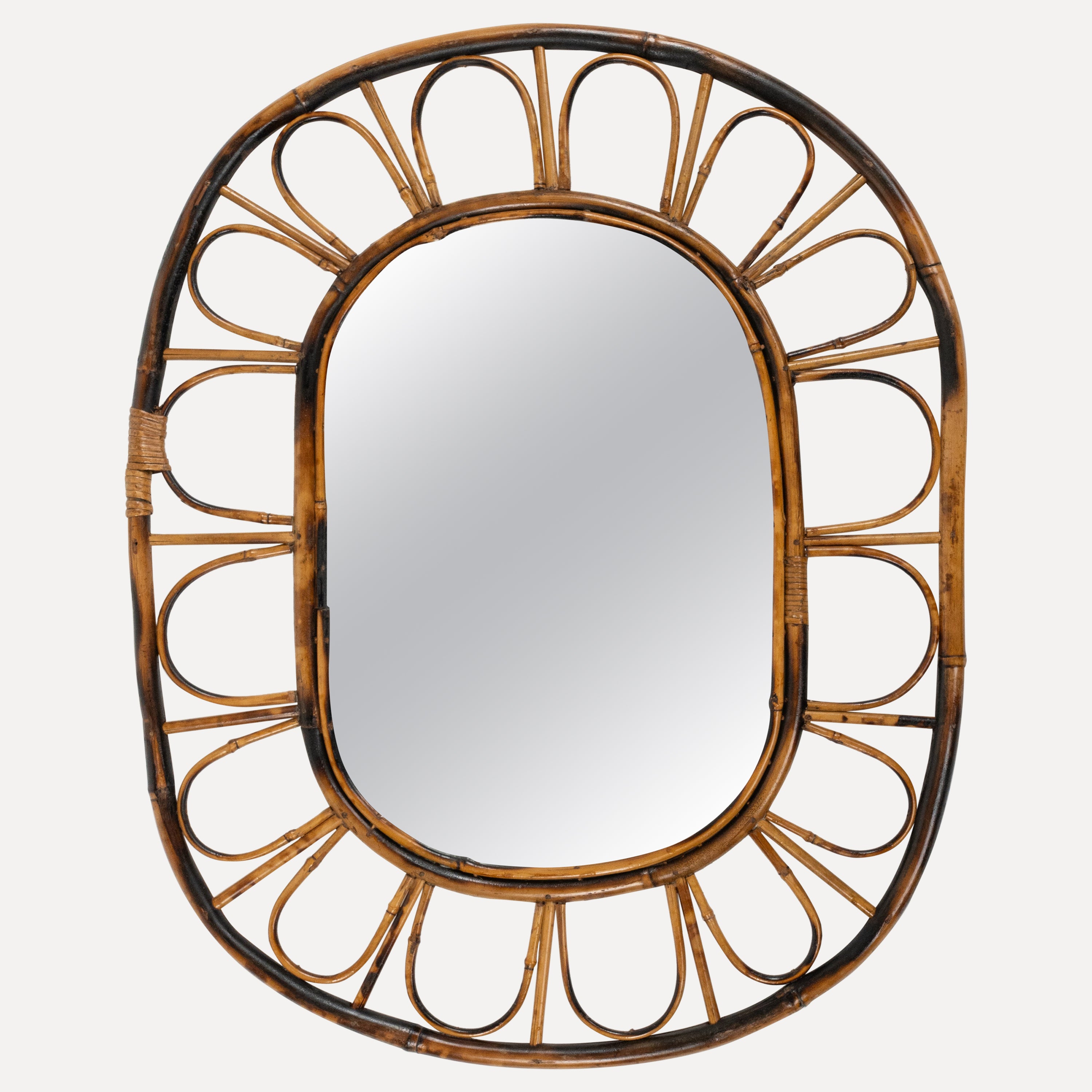 Midcentury Oval Wall Mirror Bamboo and Rattan, Italy 1960s For Sale