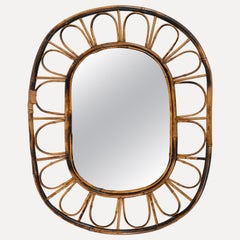 Midcentury Oval Wall Mirror Bamboo and Rattan, Italy 1960s