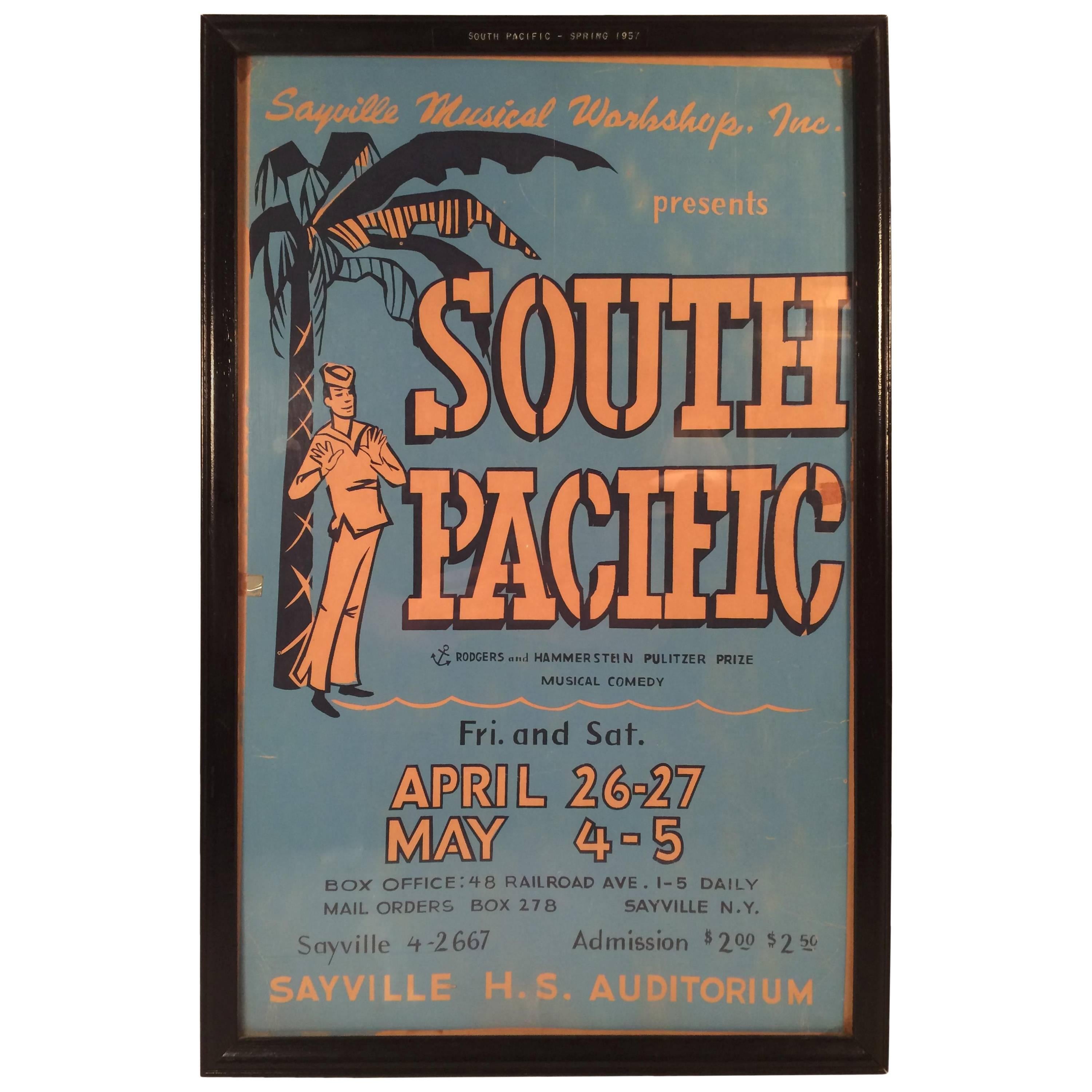 "South Pacific" Framed Theatrical Performance Poster, Sayville NY, 1957 For Sale