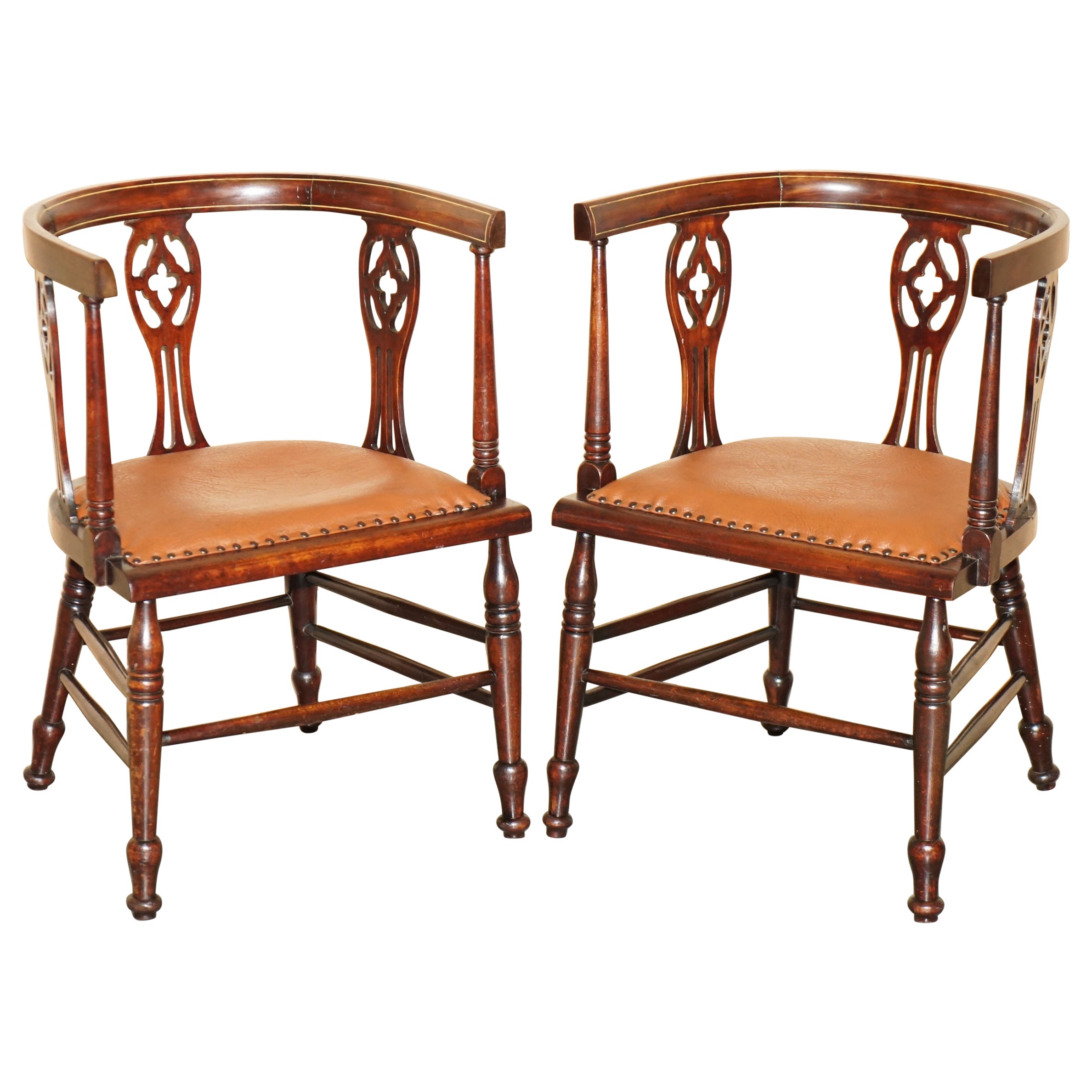PAIR OF ANTIQUE CIRCA 1900 EDWARDIAN HARDWOOD & WALNUT INLAID CAPTAINS ARMCHAIRs For Sale