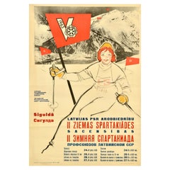 Original-Vintage-Poster, Internationales Sportveranstaltungsplakat, Winter Spartakiad, Lettland, UdSSR