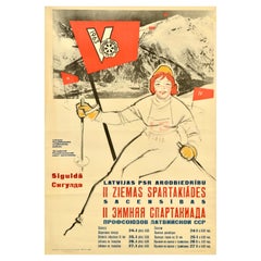 Original Retro International Sport Event Poster Winter Spartakiad Latvia USSR