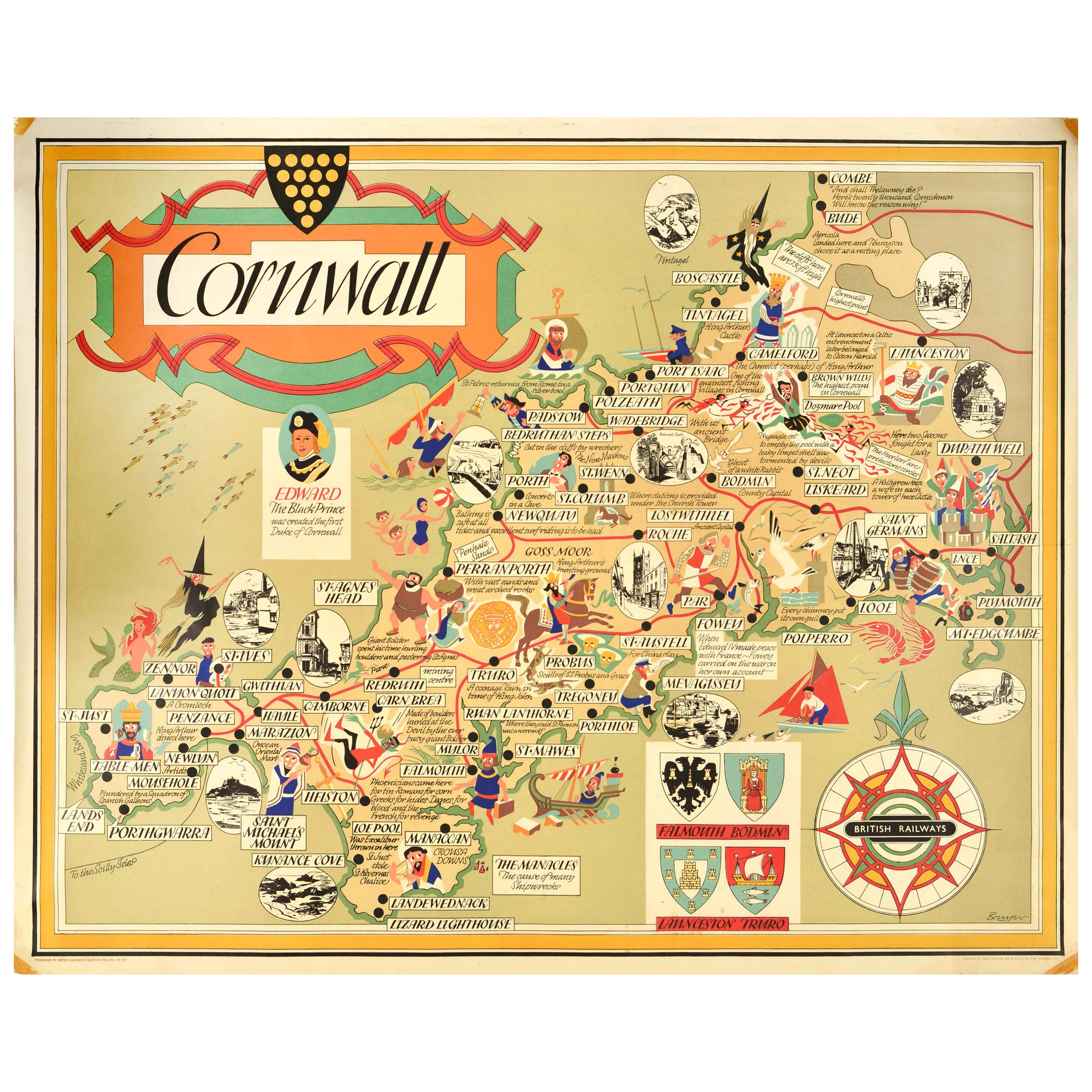 Original Vintage British Railways Train Travel Poster Cornwall Pictorial Map UK For Sale