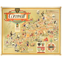 Original Retro British Railways Train Travel Poster Cornwall Pictorial Map UK