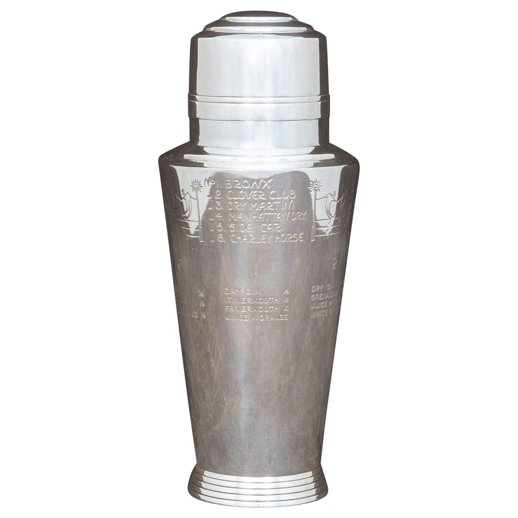 Large Silver Plated Recipe Cocktail Shaker by Keith Murray, circa 1935 For Sale