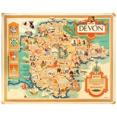 Original Retro British Railways Train Travel Poster Devon Pictorial Map UK