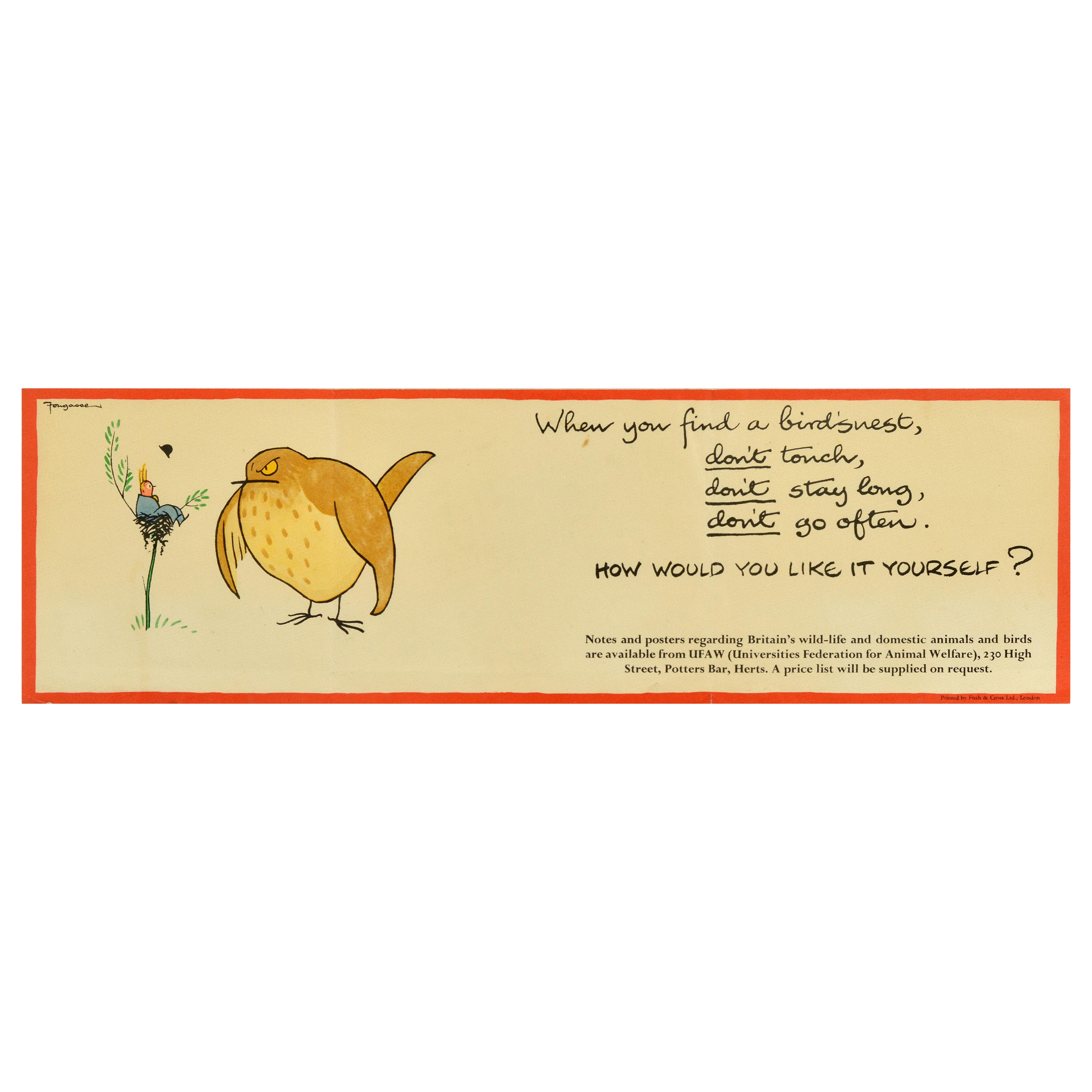 Original Vintage Educational Poster Animal Welfare Bird Nest Fougasse Cartoon For Sale