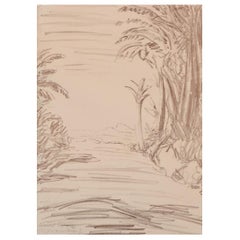 Sigurd Swane (1879-1973). Tecnica mista su carta. Paesaggio con alberi