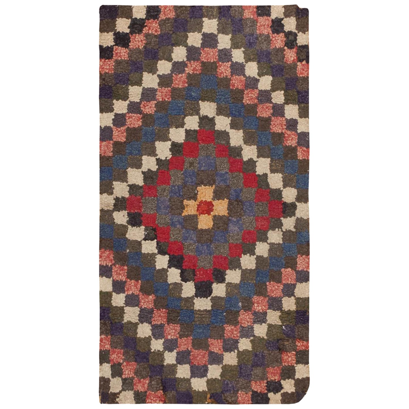 Small Scatter Size Bold Geometric Antique American Hooked Rug 1'9" x 3'3" For Sale