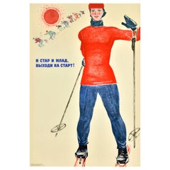 Poster sovietico d'epoca sugli sport invernali: giovani e anziani vengono a sciare in URSS