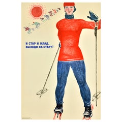 Original Used Soviet Winter Sport Ski Poster Young And Old Come Skiing USSR