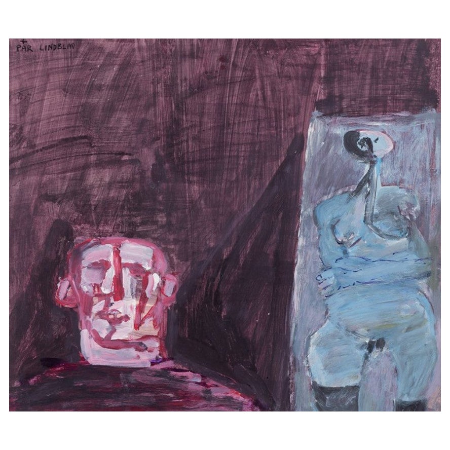 Pär Lindblad. Guazzo su carta. Composizione astratta con figura.