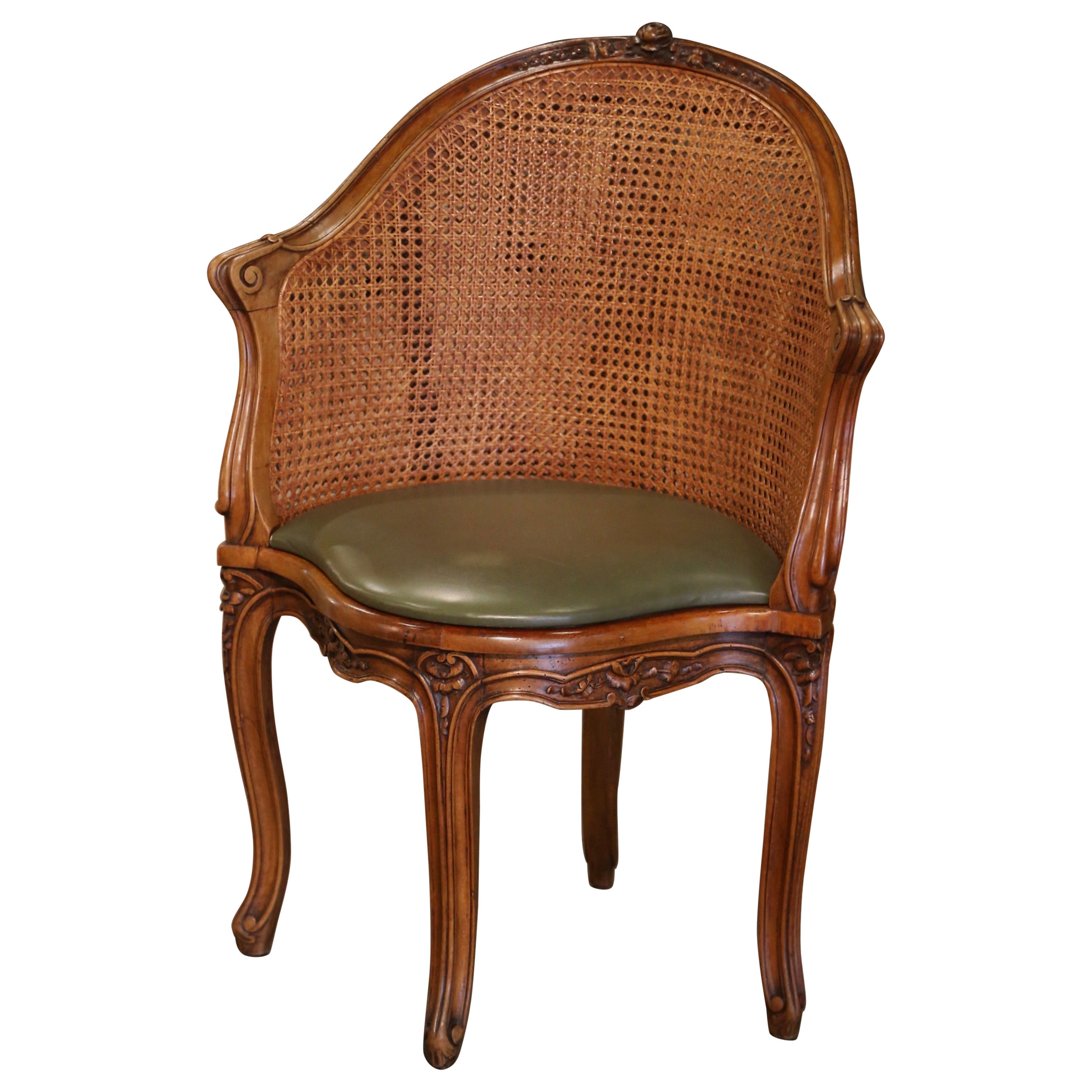 19th Century French Louis XV Carved Walnut and Cane Desk Armchair with Cushion