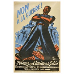 Original Vintage Cartel francés de propaganda de guerra No a la guerra Luchadores por la paz Segunda Guerra Mundial