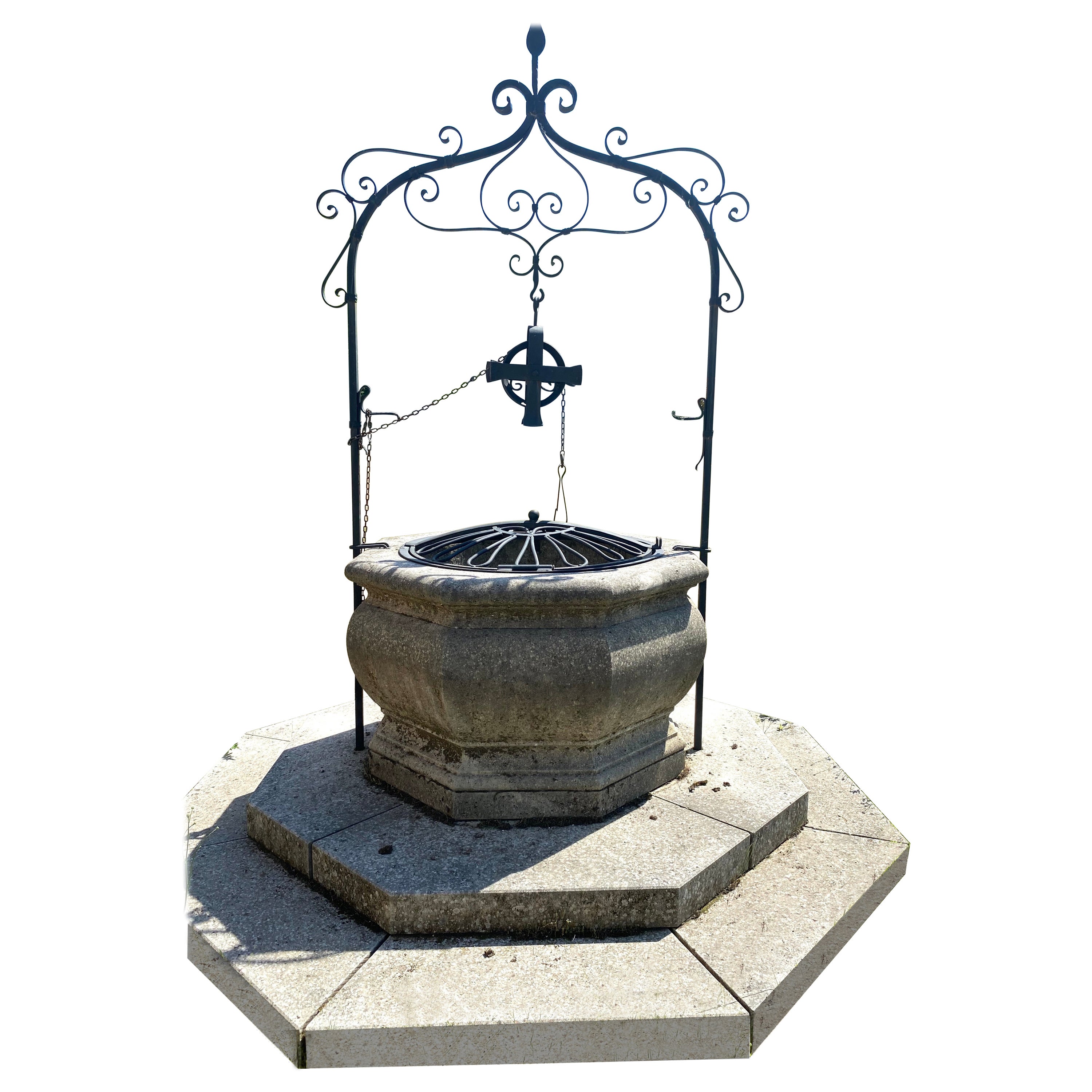 Italian Renaissance Style Wrought Iron Wishing Stone Well Head and Base For Sale
