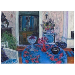 Vintage Evy Låås, well listed Swedish artist. Pastel on paper. Living room interior