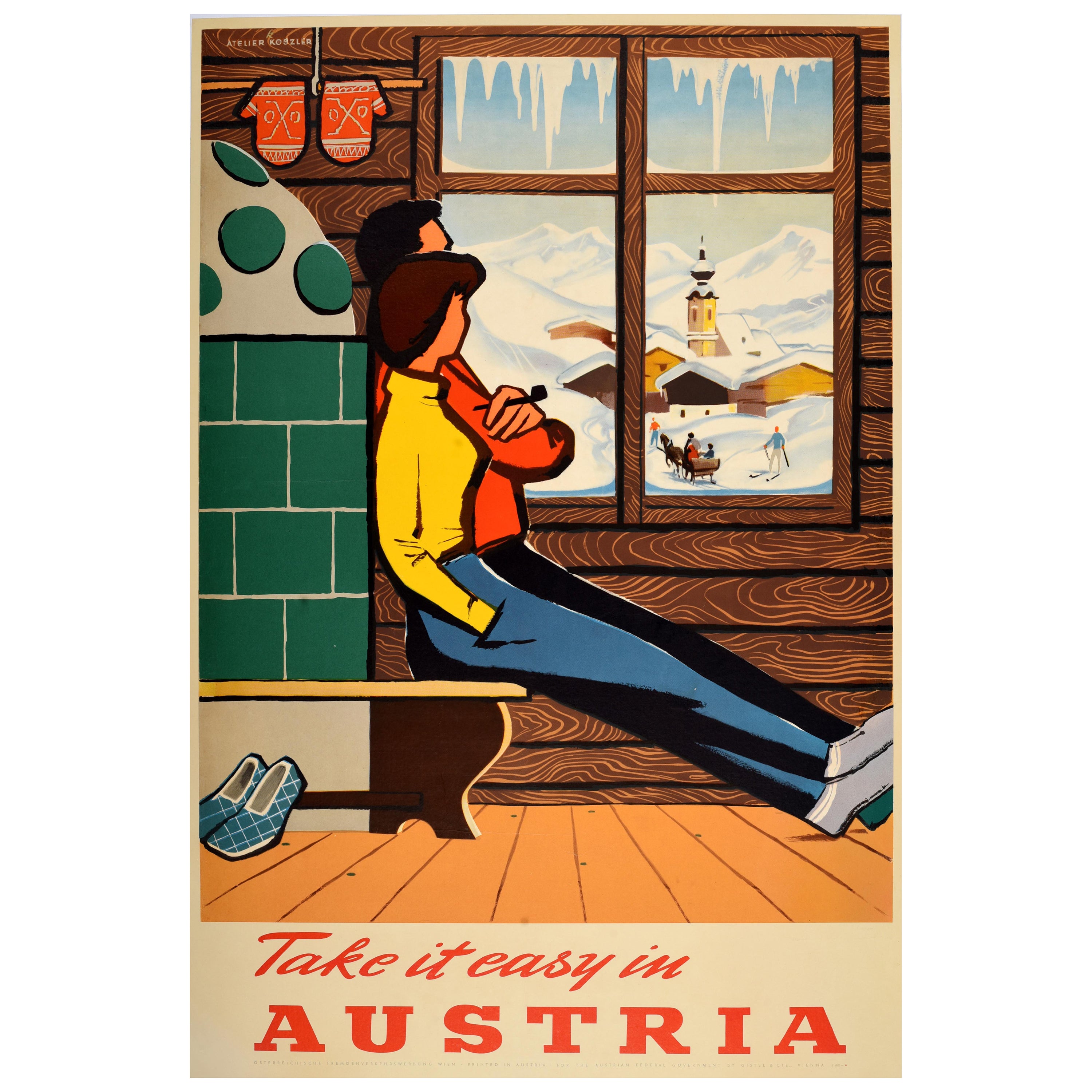Original Vintage Winter Sport Skiing Travel Poster Take It Easy Ski Austria For Sale