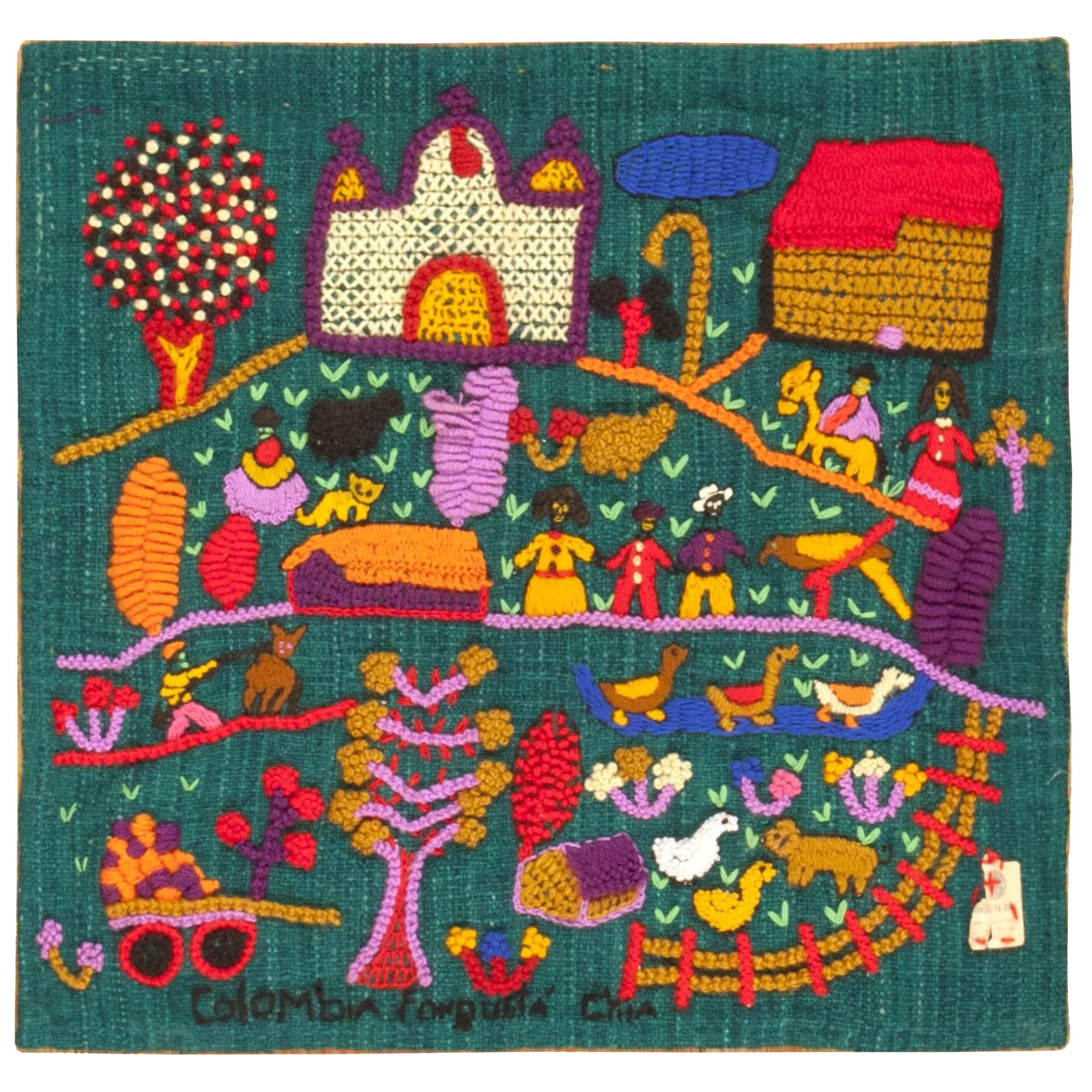 Beautiful Vintage Needlepoint / Colombian Arpillera Embroidery 2'1" x 2'3" For Sale