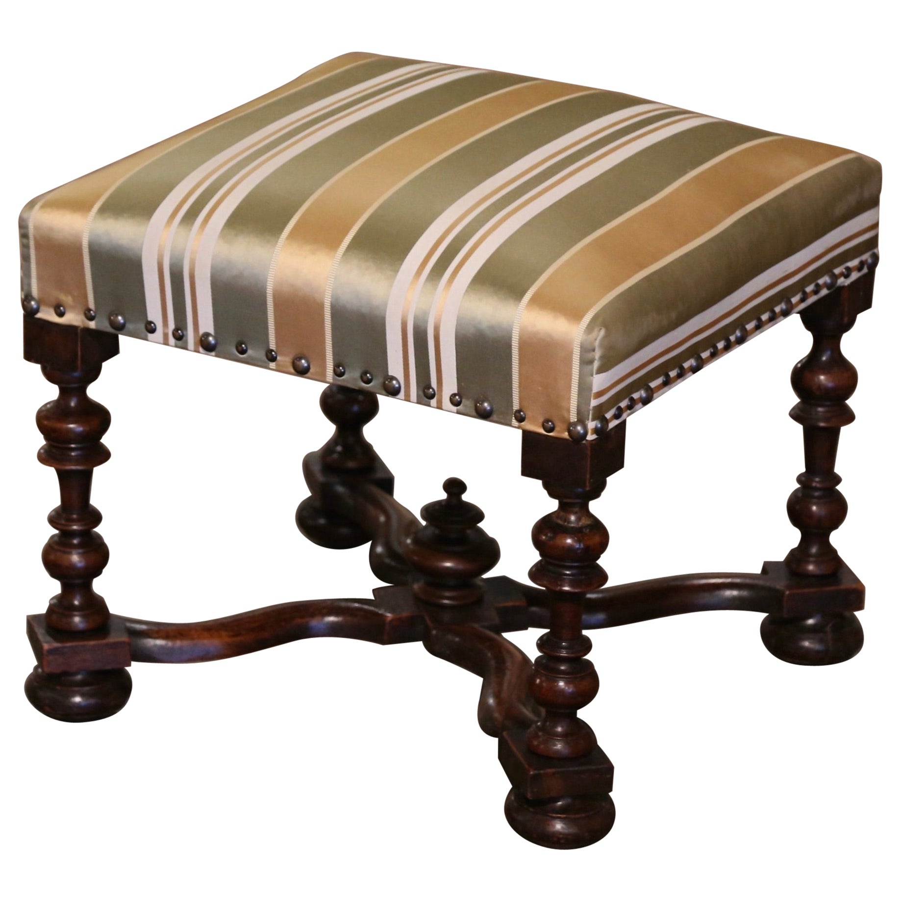 19th Century French Louis XIV Carved Walnut Stool with Silk Fabric For Sale