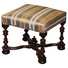 19th Century French Louis XIV Carved Walnut Stool with Silk Fabric