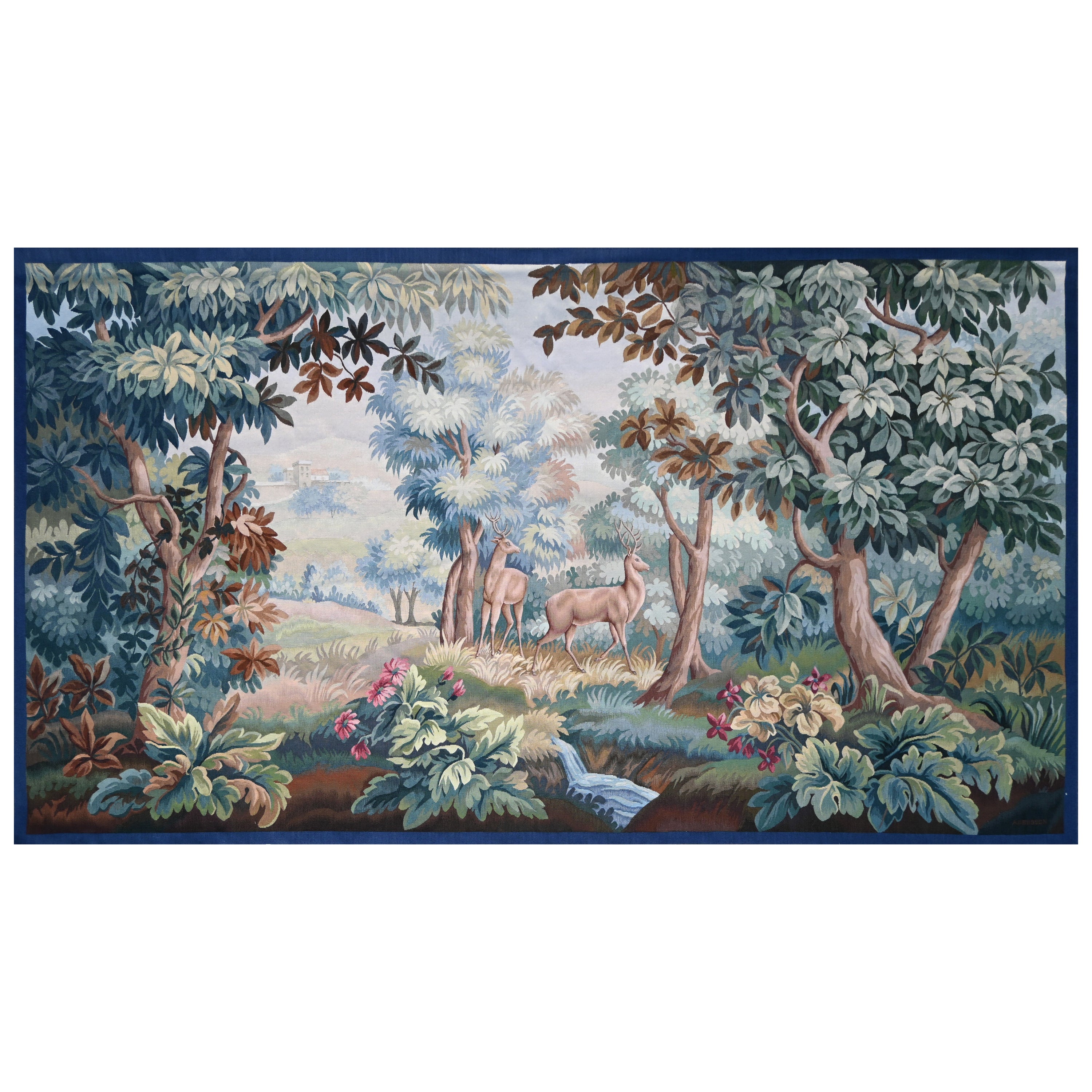 Verdure Aubusson tapestry signed - Couple of Deer in an Undergrowth - No. 1414 For Sale