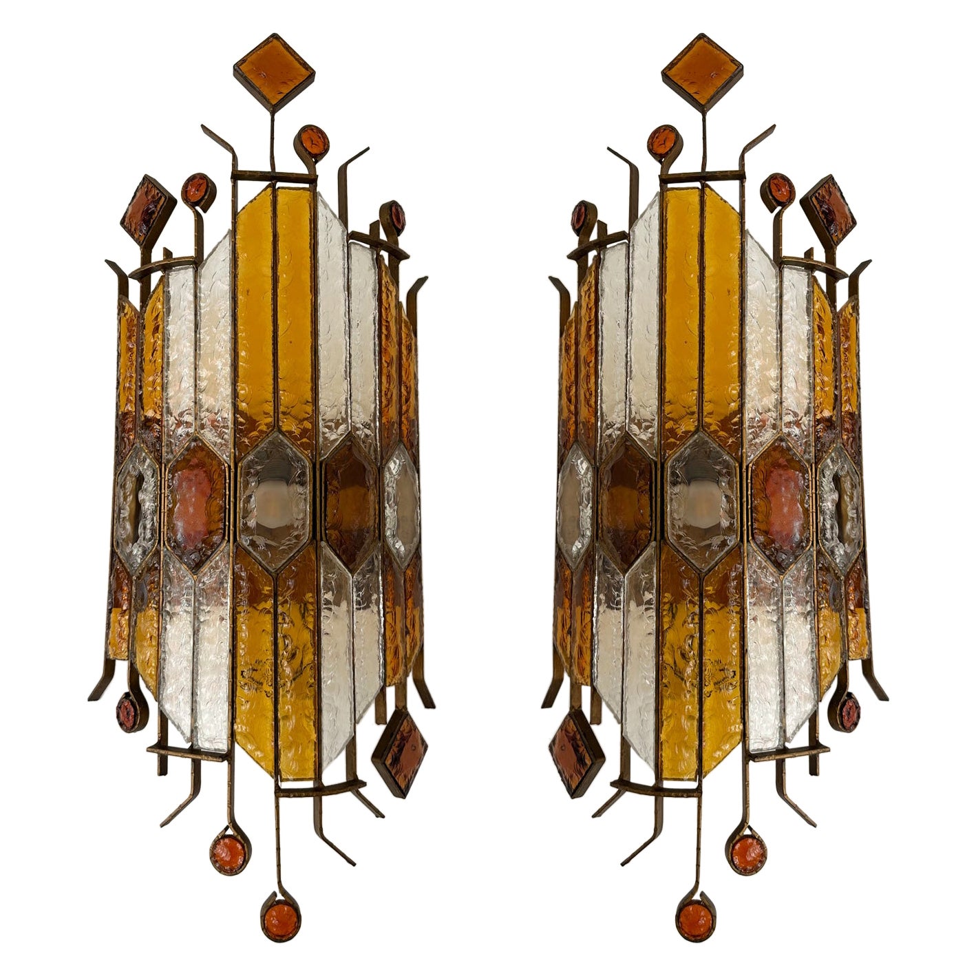 Pair of Large Hammered Glass Wrought Iron Sconces by Longobard, Italy, 1970s