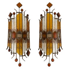 Vintage Pair of Large Hammered Glass Wrought Iron Sconces by Longobard, Italy, 1970s