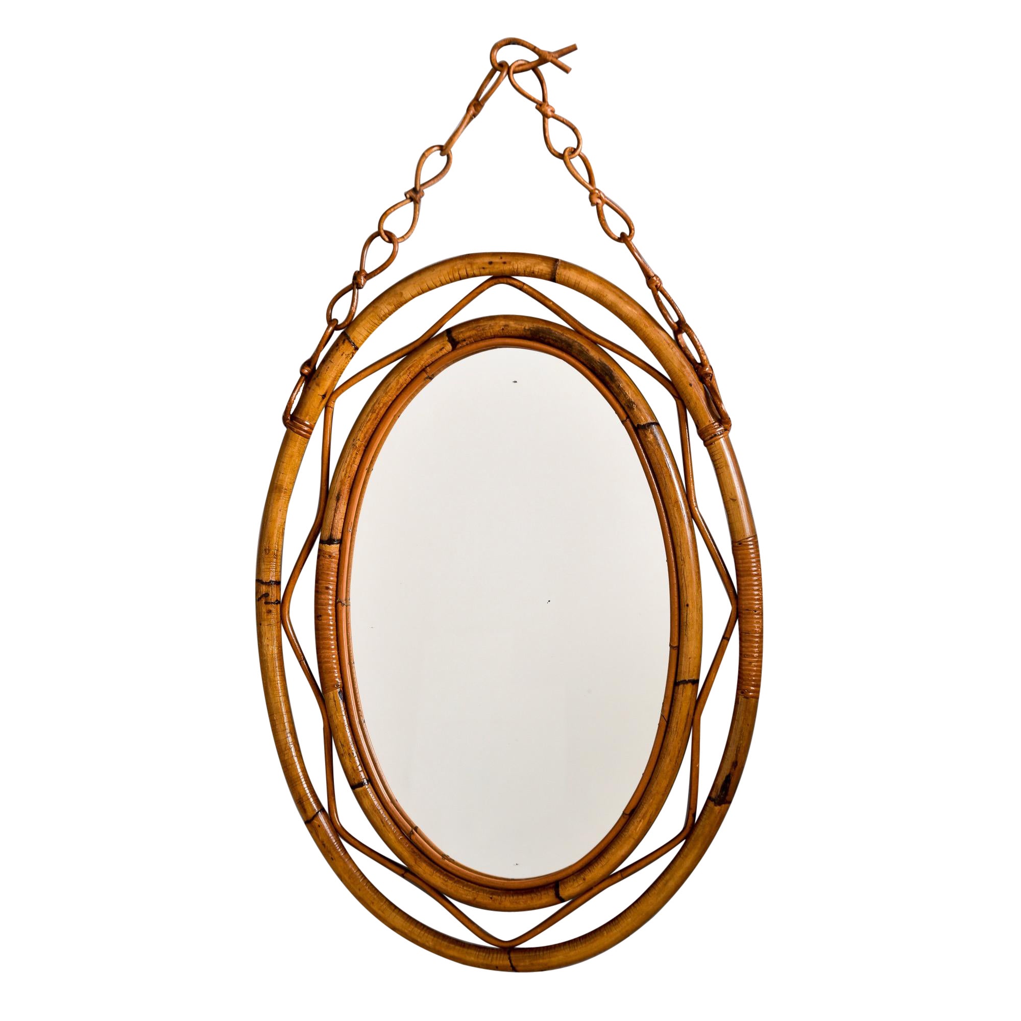 Mid Century Italian Oval Mirror with Rattan Frame For Sale