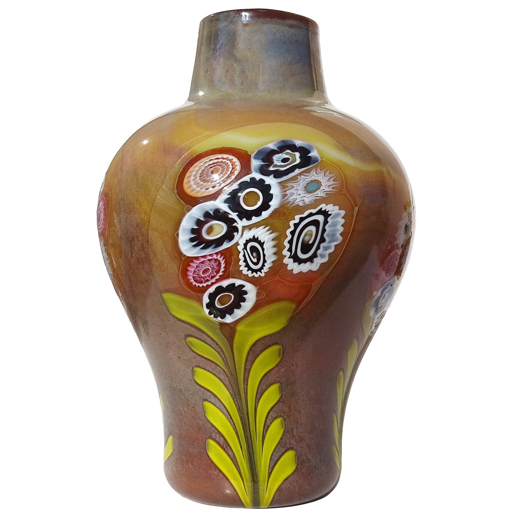 Murano Opalescent Chalcedony Millefiori Flower Murrines Italian Art Glass Vase For Sale
