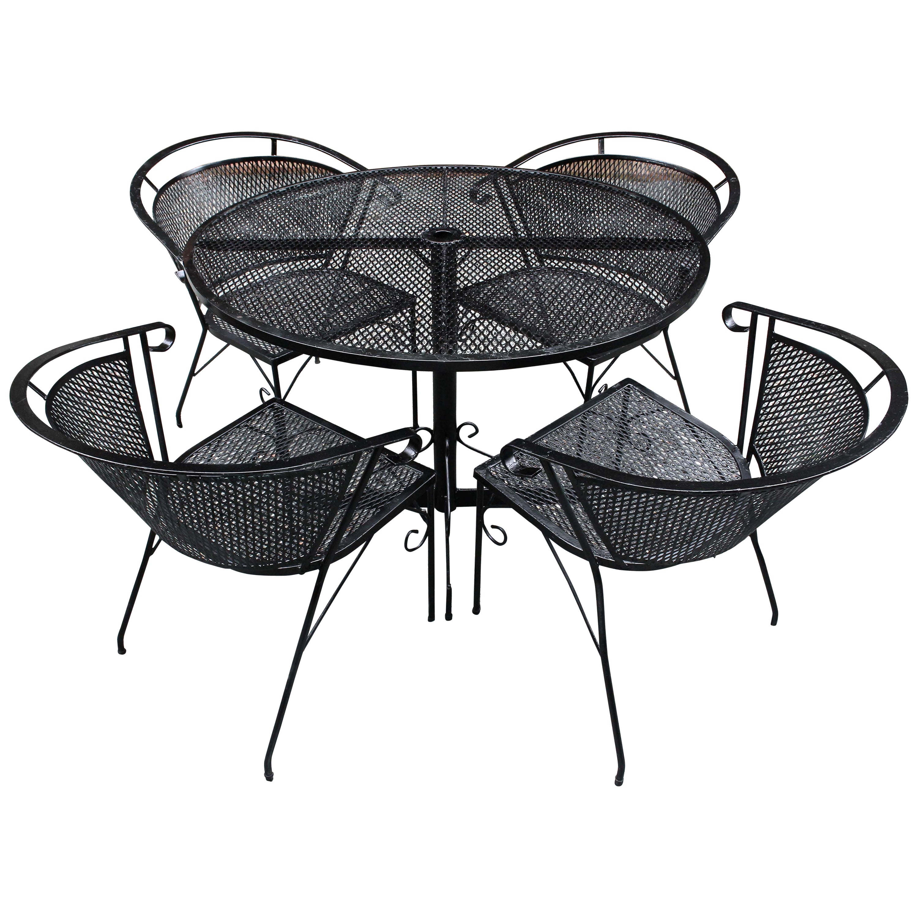 Circa 1950-70 Wrought Iron Outdoor Table & Four Arm Chairs For Sale