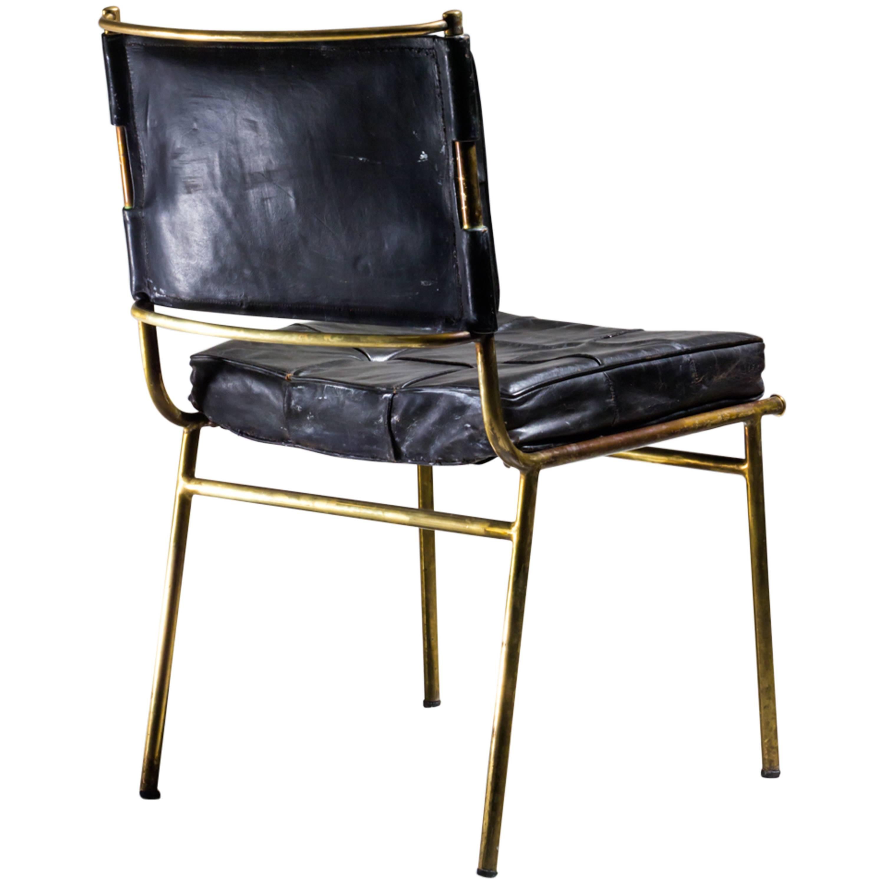 Mathieu Matégot Rare Chair with Brass Frame and Leather Cushions, France For Sale