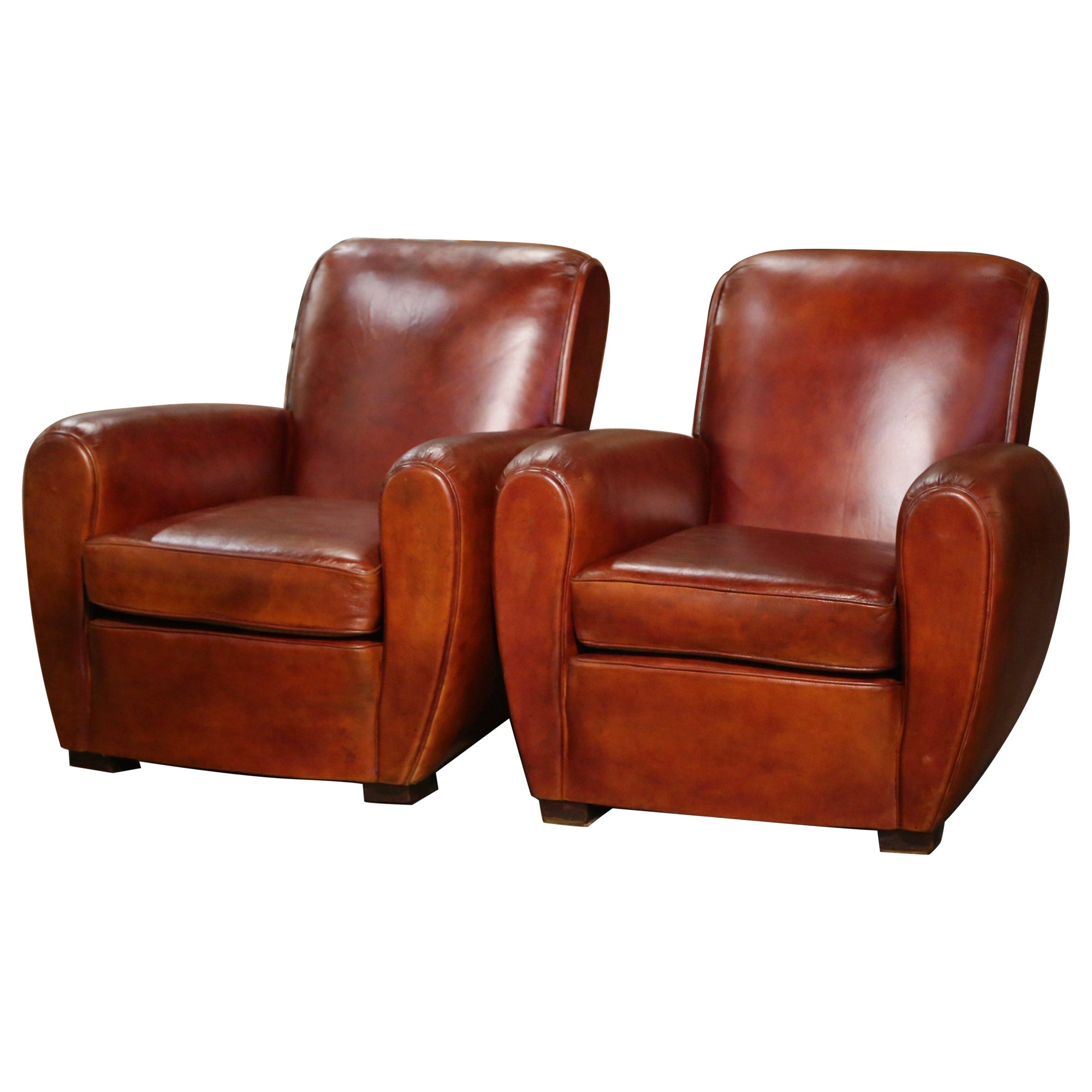 Pair of Early 20th Century French Art Deco Brown Leather Club Armchairs 