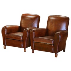 Antique Pair of Early 20th Century French Club Armchairs with Original Brown Leather