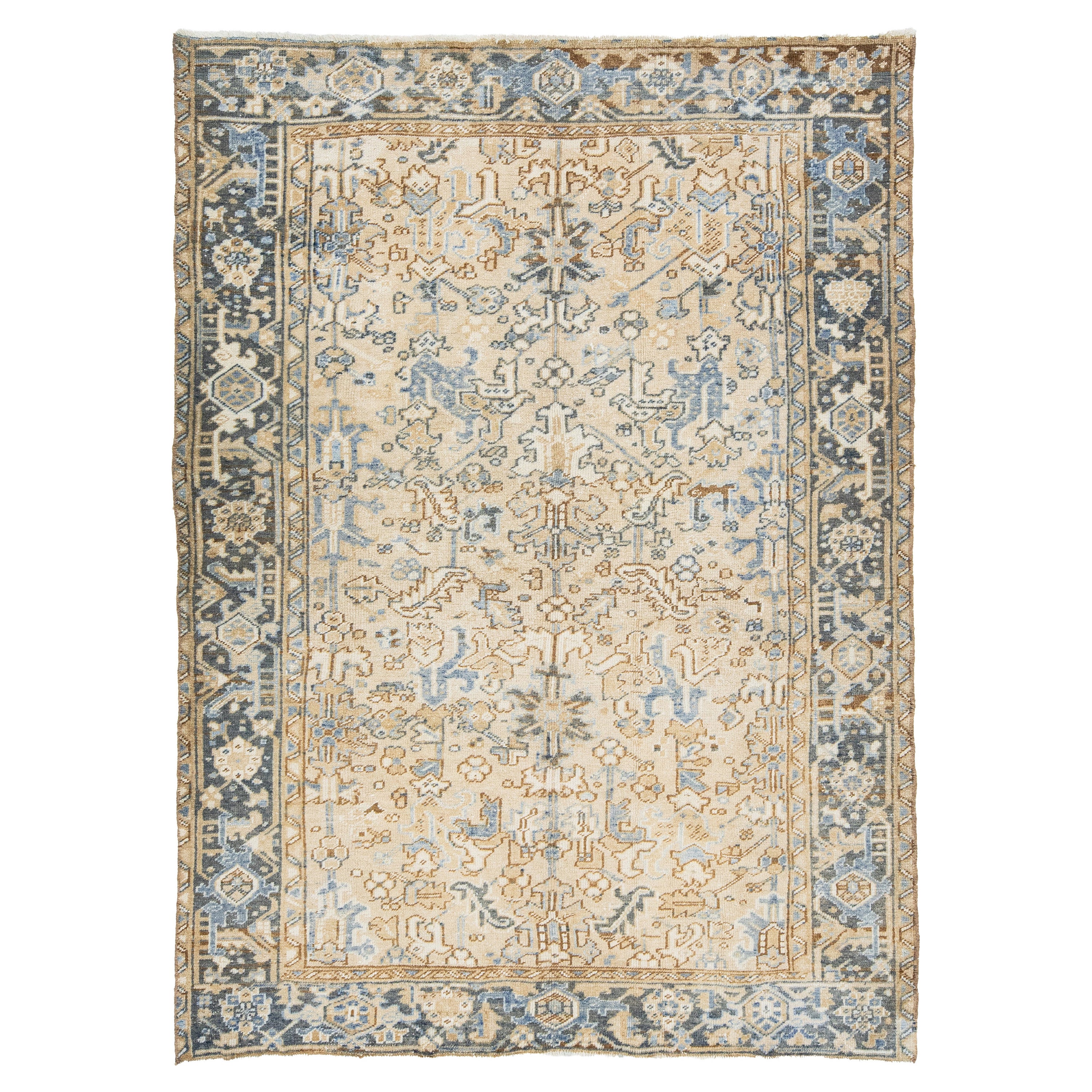Antique Allover Persian Heriz Wool Rug In Beige and Blue