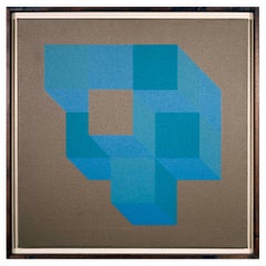  Vintage Op Art Blue Geometric Screenprint on Canvas Mid Century Modern 1960s