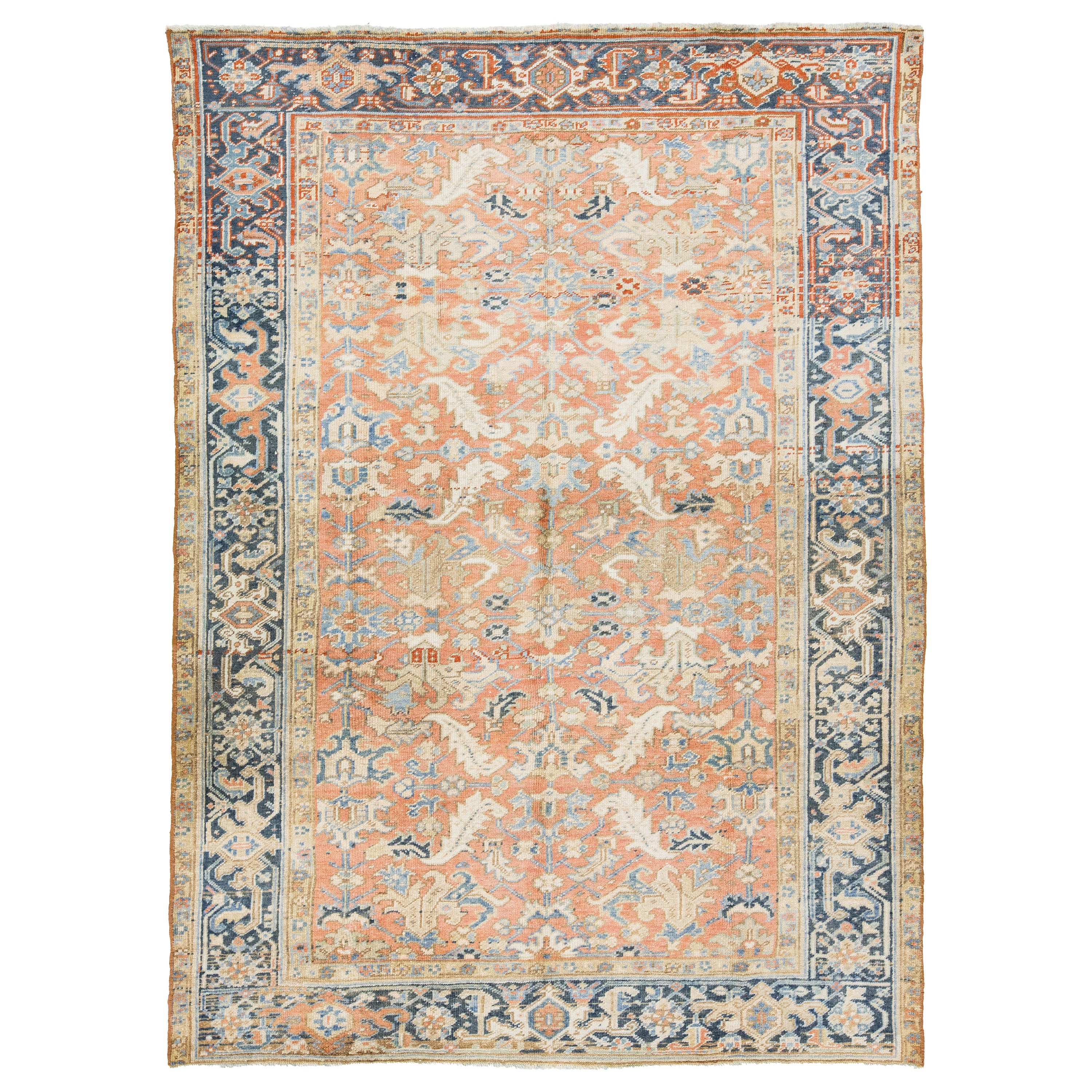 Antique Hand-knotted Persian Heriz Wool Rug In Peach With Allover Motif For Sale