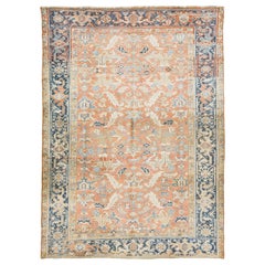 Antique Hand-knotted Persian Heriz Wool Rug In Peach With Allover Motif