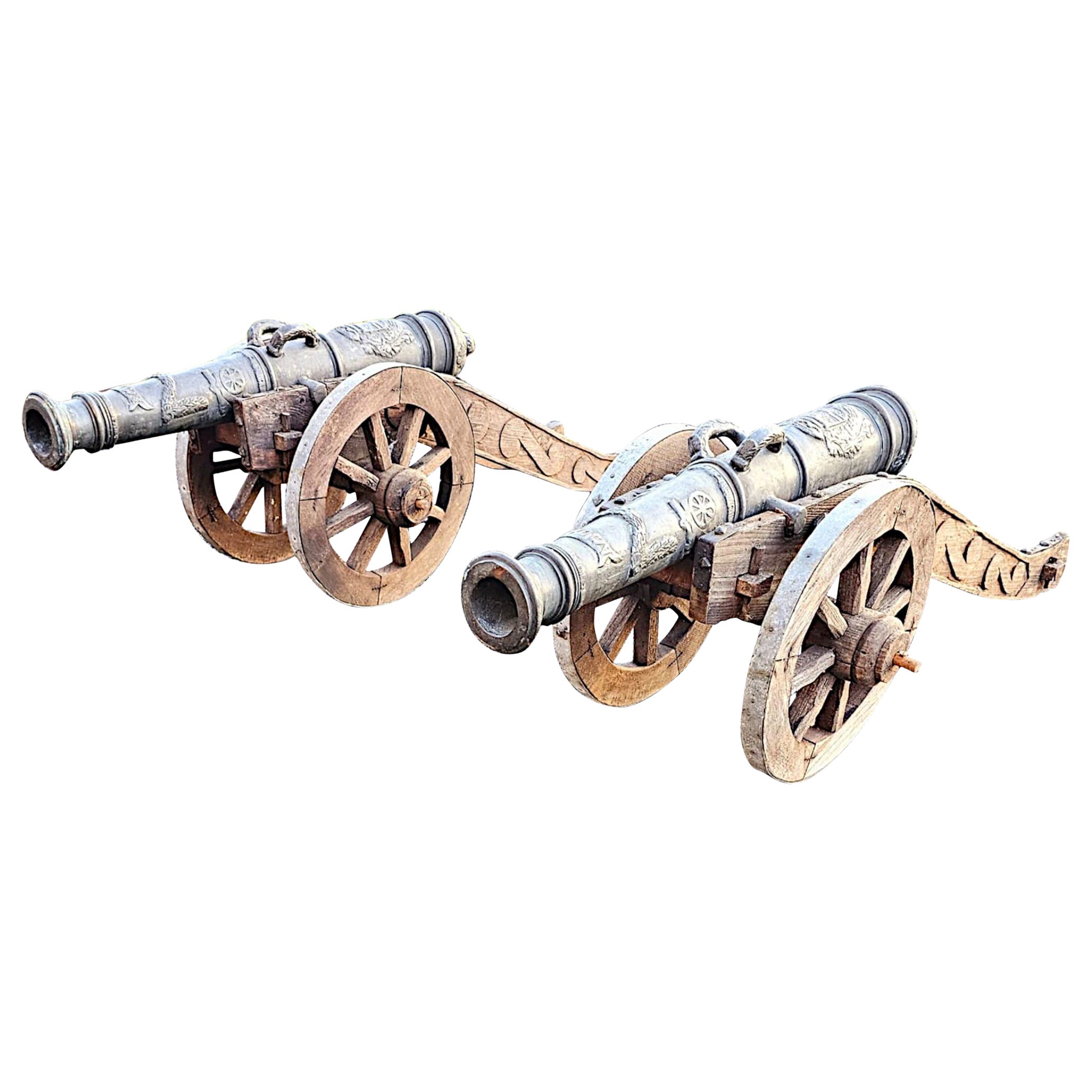 A  Rare Pair of 19th Century Bronze Barrelled Signal Cannons on Timber Base For Sale