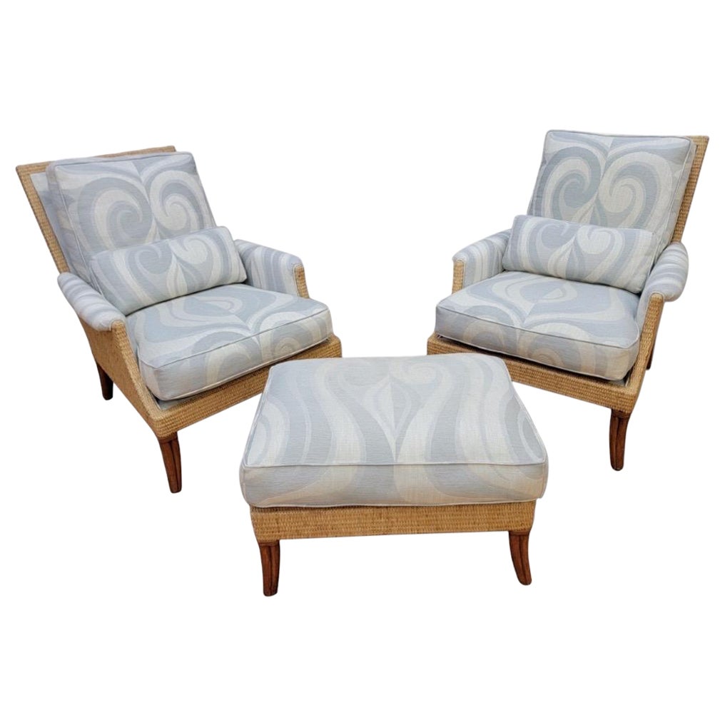 Vintage Rattan and Wicker Umbria Lounge Chairs With Ottoman Styled after Mcquire For Sale