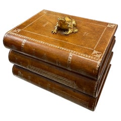 Vintage Tooled Leather Wrapped Box with Brass Frog Handle