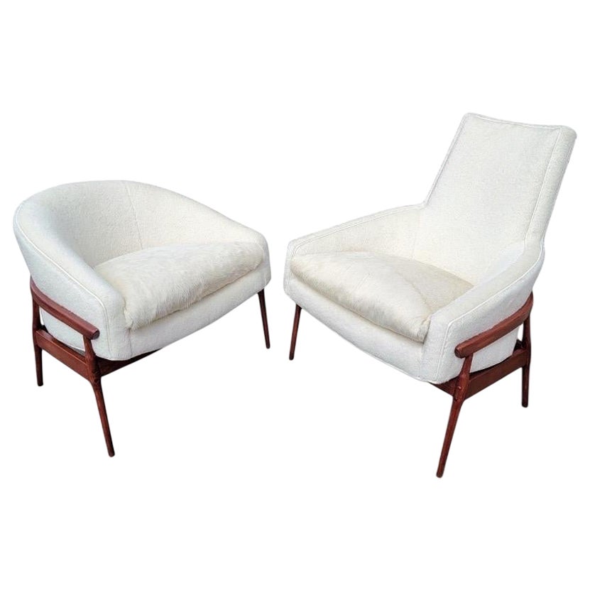 MCM Lawrence Peabody Style High & Low  Back Lounges Newly Upholstered- Set of 2 For Sale
