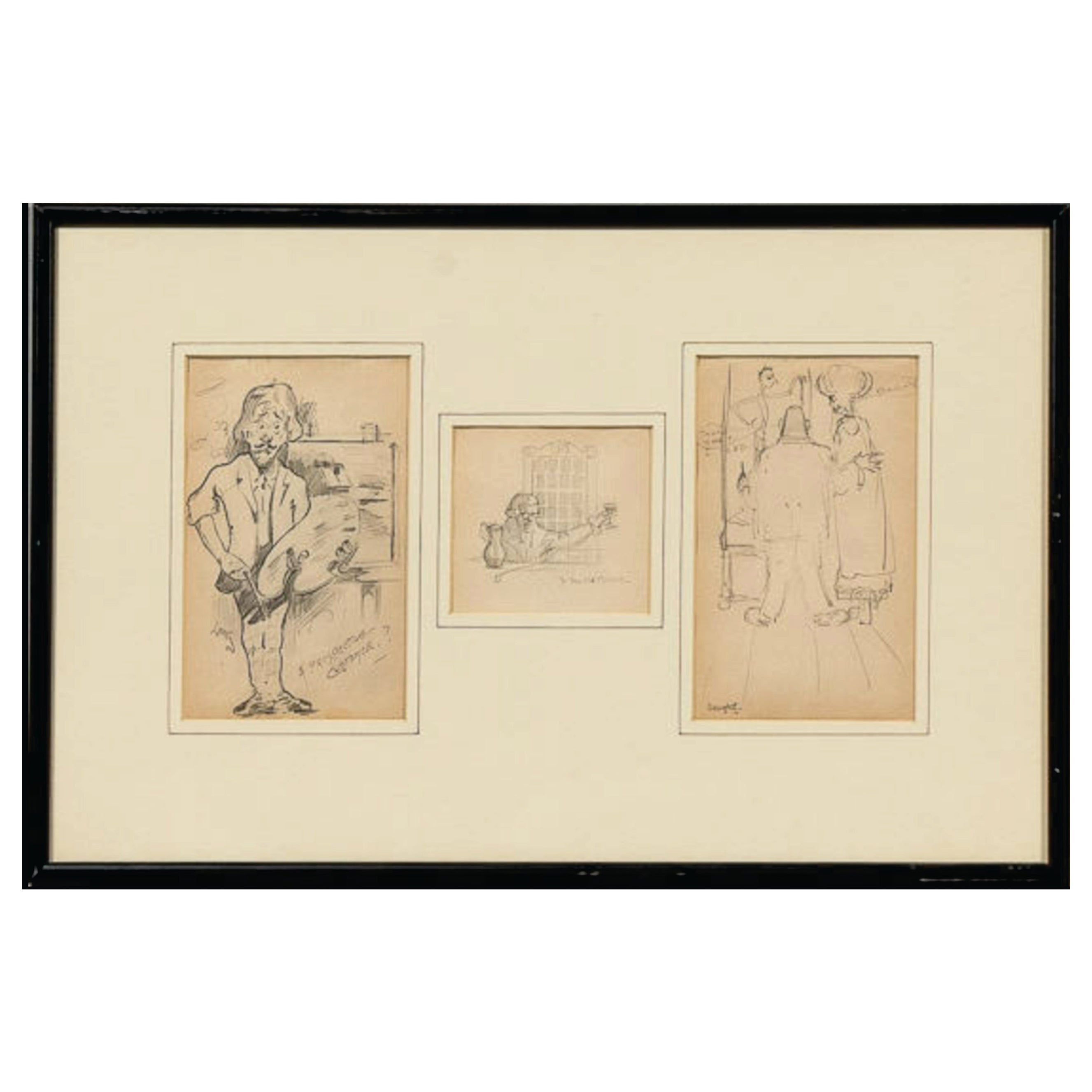 Antico 3 disegni di un artista di Boston, firmato all'inizio del XX secolo, D3