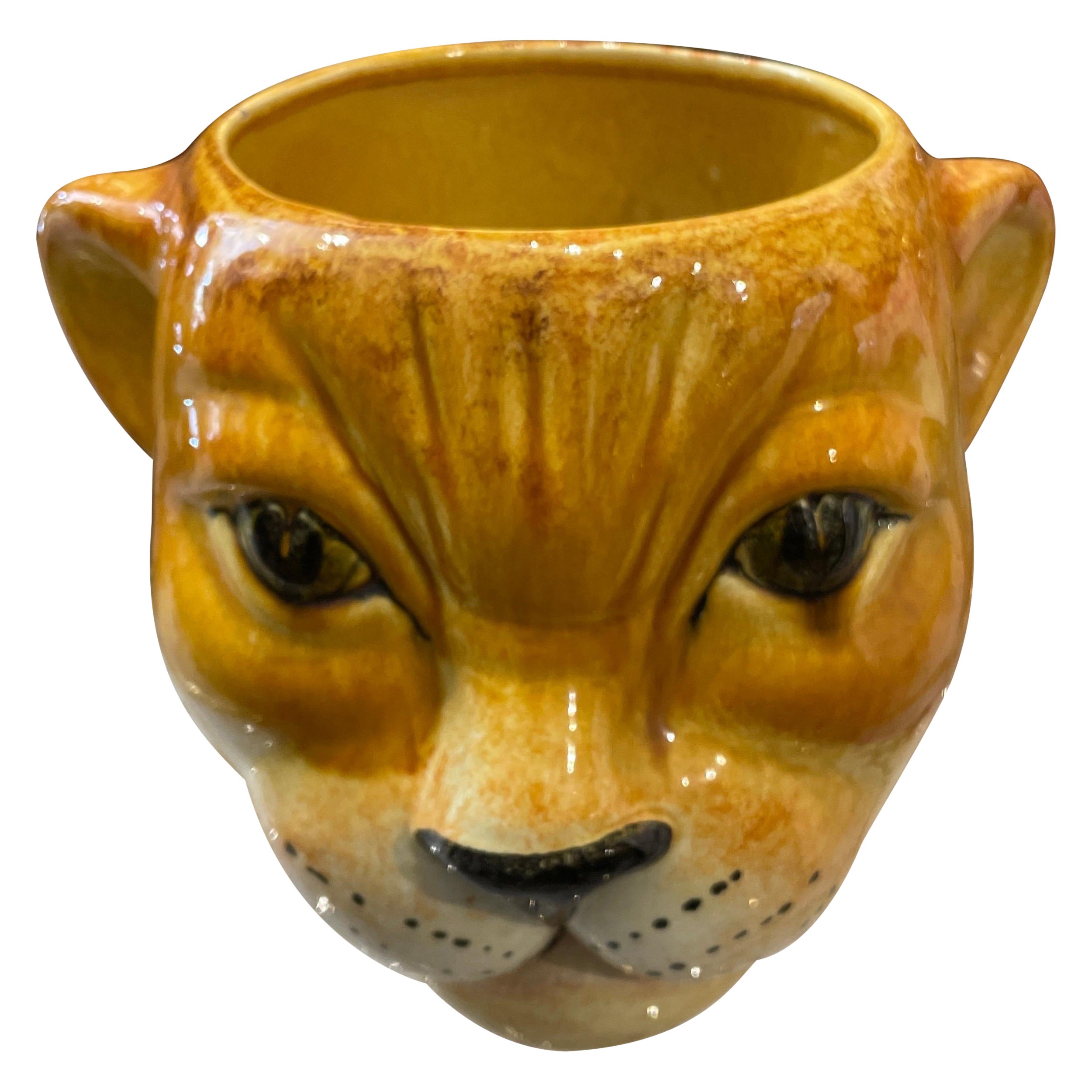 Vintage Glazed Italian Terracotta Lion Head Cache Pot