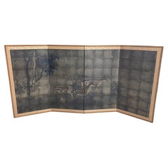 Japanese Asian Signed Four-Panel Folding Byobu Showa Deer in Misty Forest Screen