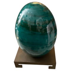 Used Faux Malachite Glazed Terracotta Egg on Brass Stand