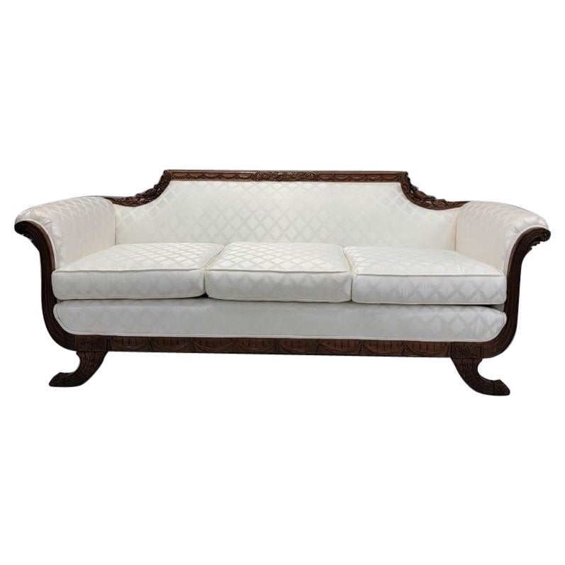 Antique Duncan Phyfe Style Mahogany Sofa Newly Upholstered in White Silk For Sale
