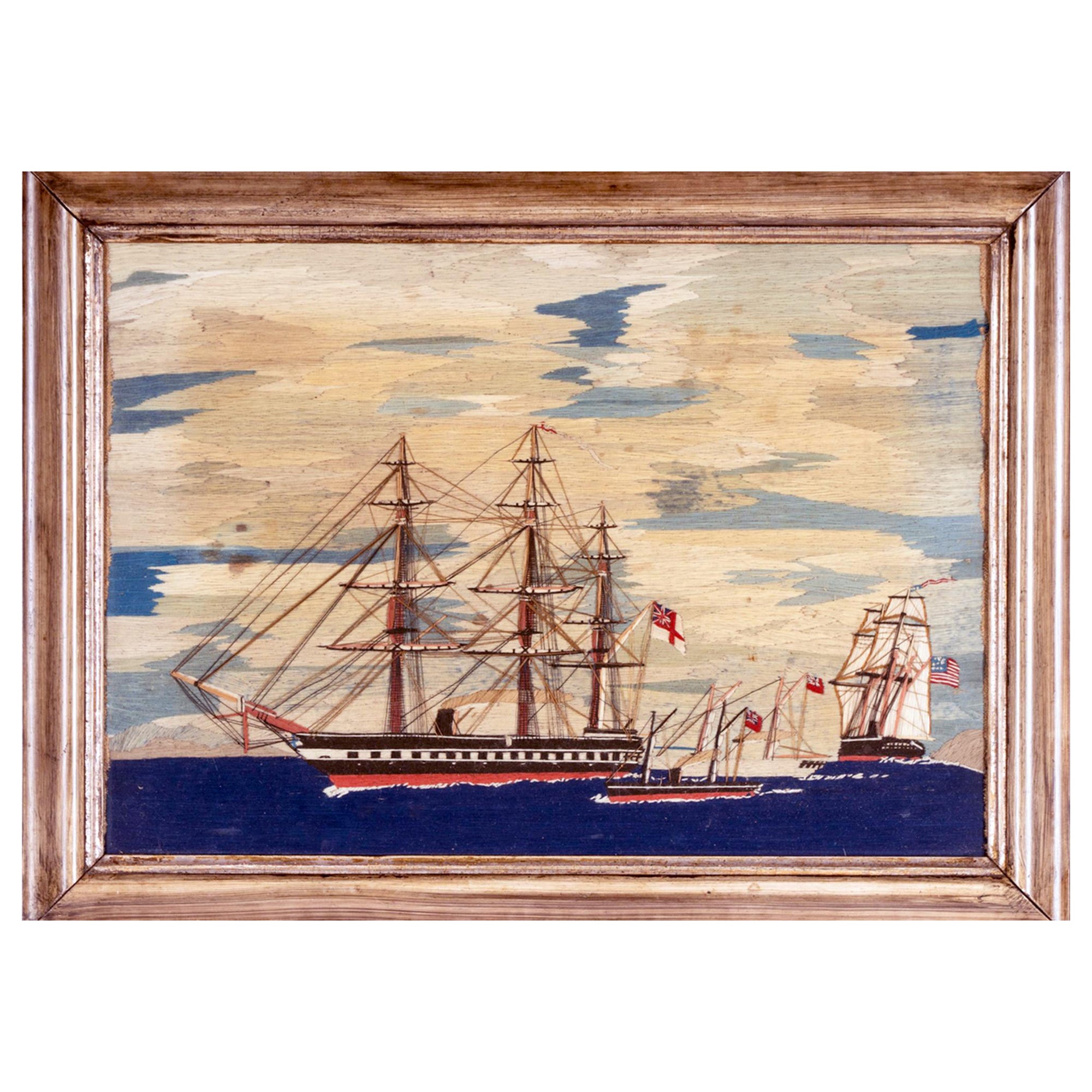 Sailor's Woolwork of Four Ships including an American Ship For Sale