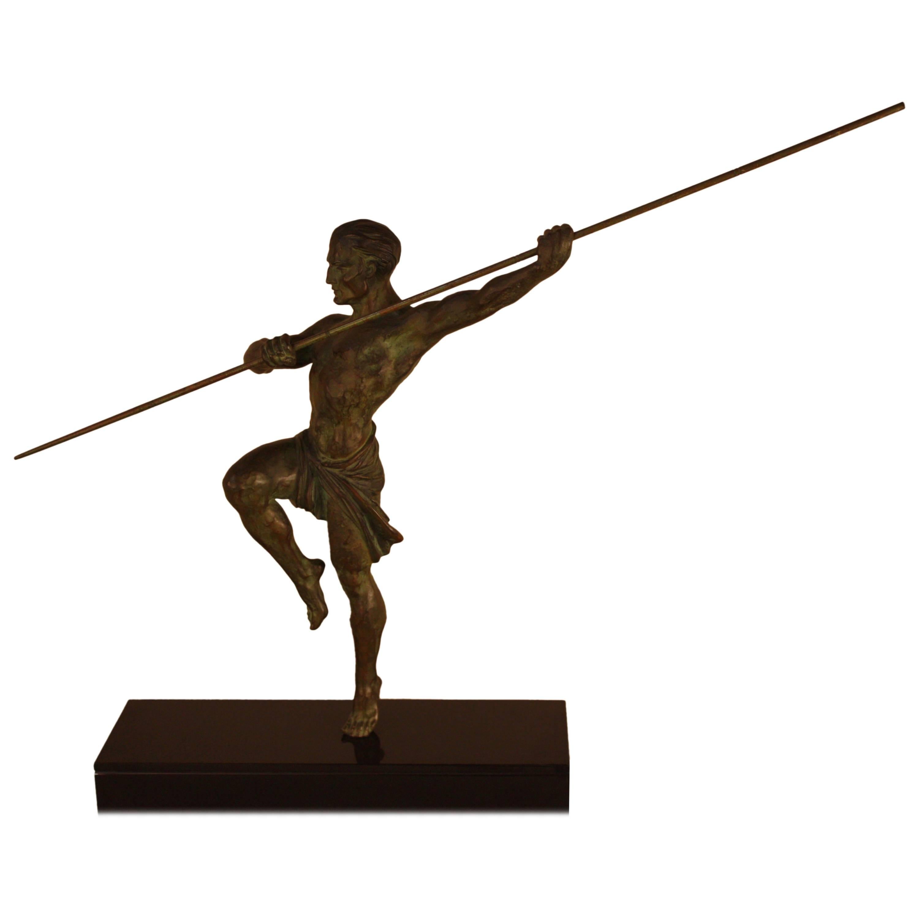 French Art Deco Sculpture of Nude Man with Spear by R. Varnier